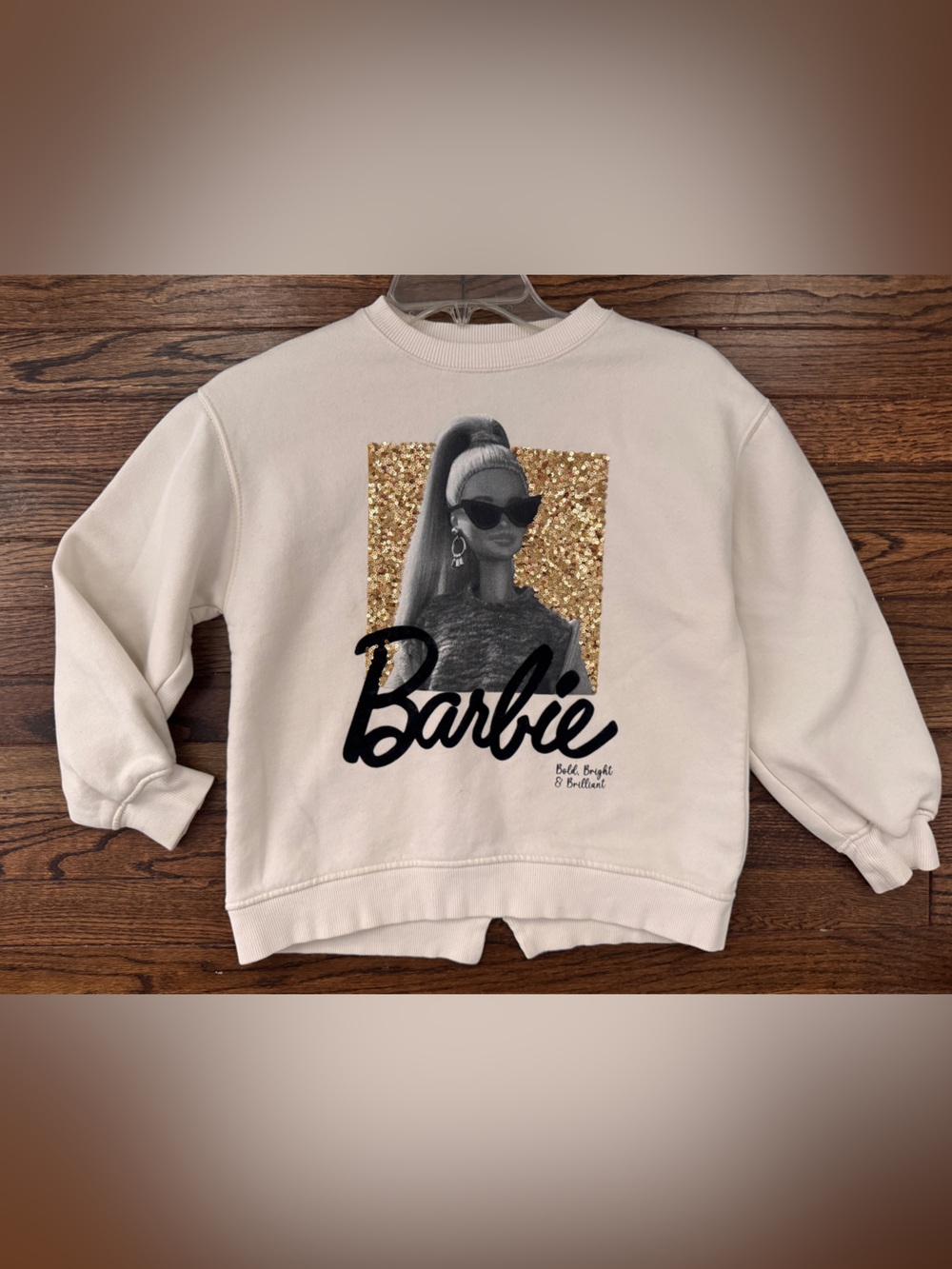 Zara Cream Barbie Graphic Sweatshirt with Gold Sequin Square